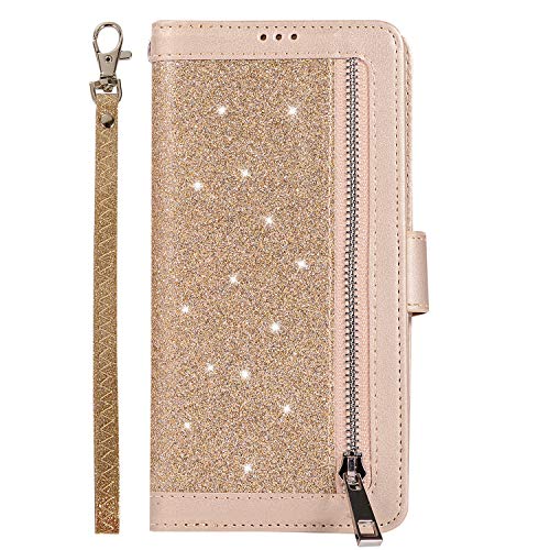 Miagon für iPhone 12 Pro Reißverschluss Brieftasche Hülle,Bling Glitzer Leder Handyhülle 9 Kartenhalter Flip Magnetverschluss Stand Schutzhülle Tasche und Handschlaufe