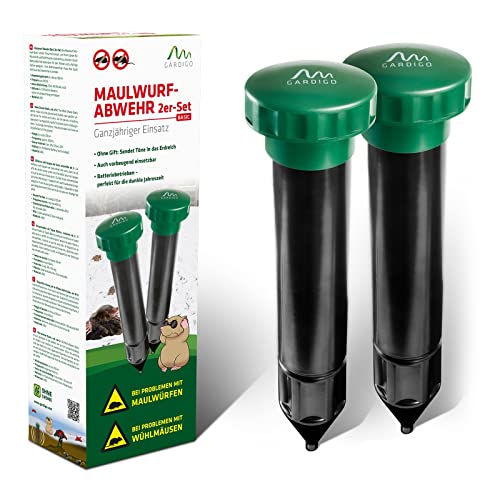 GARDIGO® Maulwurf Vertreiber Basic 2er Set | Maulwurfschreck 400-1000 Hz für ca. 700m² | Maulwurfabwehr für den Garten | Einfacher Batteriewechsel durch Batteriewechselzylinder | Wühlmausschreck