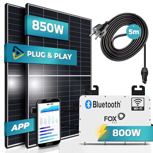 SUNNIVA® 850W Balkonkraftwerk 800W komplett Steckdose - Fox ESS 800W Wechselrichter - PV Solaranlage Komplettset - 2x 425W Solarmodule - inkl. 5m Kabel - Bluetooth WIFI