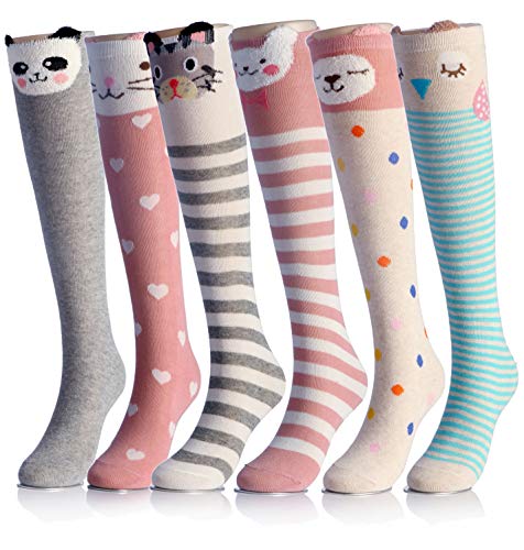 CISMARK 6 Paar Kniestrümpfe für Mädchen 3-12 Jahre, Kinder Lustige Socken Baumwolle, Mädchen Kniestrümpfe 6 Paar für Kinder Geschenke Lange Lustige Kindersocken Tier Baumwolle Socken 3-12 Jahre