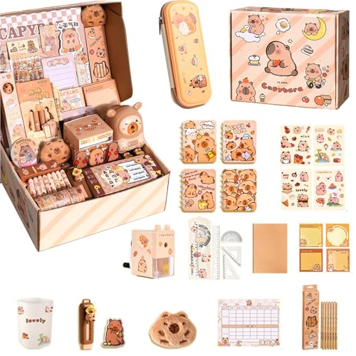 Federmäppchen Schreibwaren Set Capybara Aesthetic Groß mit Bleistifte Aufkleber Bleistiftspitzer Süßes Schreibwaren Geschenkset für Kinder (1 Set)