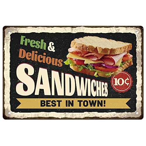 SUPERDANT Fresh & Delicious Sandwiches Best in Town Vintage Metall-Blechschilder Fast Food Blechschild Lustige Wandkunst Gemälde Eisen Dekor für Sandwich-Shop Outdoor Camping Grill Ständer Dekoration