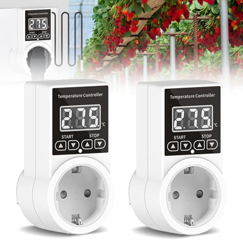 2 PCS Thermostat Steckdosen, Digitaler Temperaturregler 230V, Heizung Kühlen Thermostat mit Fühler Sonde LCD Bildschirm Digital Steckerthermostat für Gewächshaus Aquarium Terrarium Reptilien