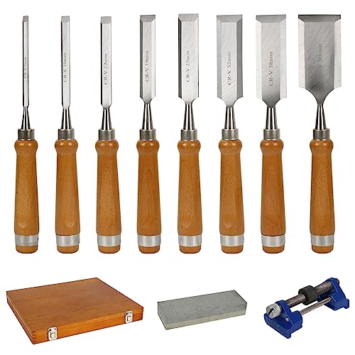Stechbeitel Set für Holz, 10-Teilig Holzmeißel Set, Holz Stemmeisen Set mit Schleifstein und Schleifführung, Stecheisen Satz, Drehmeißel Set, Schnitzwerkzeug