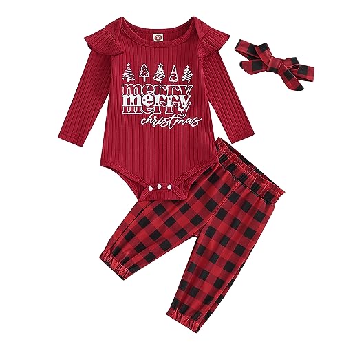 Saeevima Baby Mädchen Weihnachten Kleidung Set Langarm Pullover Body Strampler Rüschen Elastische Taille Plaids/Hirsch Lange Hosen Stirnband Mädchen Xmas Bekleidungsset (Rot1, 6-12 Monate)