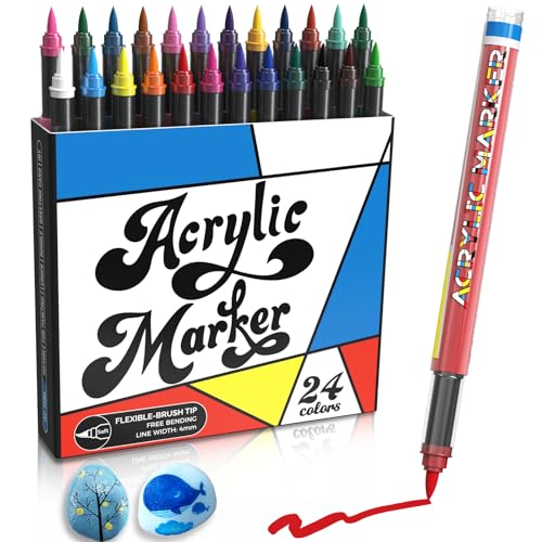 Risiours Acrylic Paint Markers-Vielseitiger Steine Bemalen Stifte für Rock Malerei, Keramik, Glas, Holz, Leinwand, Metall, DIY Acrylstifte Wasserfest 24 Farben