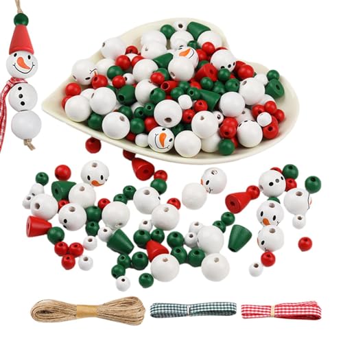 190/240 Stück Weihnachts-Schneemann-Holzperlen-Set – Weihnachtsdruck, Winter-Holzperlen mit Hanfse für Winter, Weihnachten, Bastelarbeiten, Girlanden, Dekoration