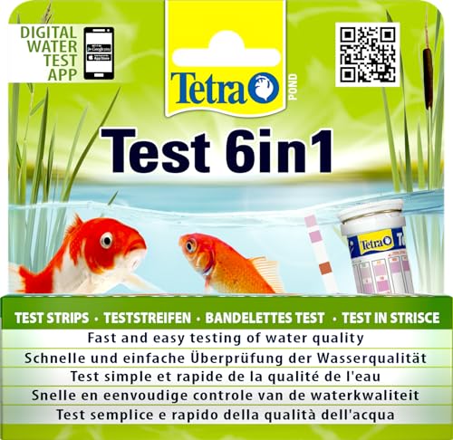 Tetra Pond Test 6in1 - Wassertest für den Teich, schnelle und einfache Überprüfung der Wasserqualität im Gartenteich, 1 Dose (25 Teststreifen)