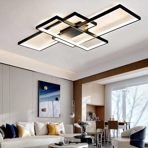 ASJK Deckenlampe Wohnzimmer 60W Modern LED Deckenleuchte Eckig, 3000k-6000k Geometrisch Multifunktional Deckenbeleuchtung mit Fernbedienung für Wohnzimmer. (80cm,Schwarz)