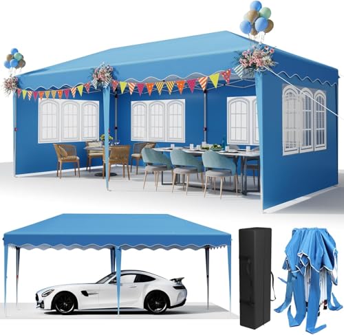 Pavillon 3x6,mit 4 Seitenteilen,Faltpavillon Wasserdicht,Stabil Winterfest,Partyzelt,Tente de Reception,Gartenpavillon Höhenverstellbar,für Strand/Festival/Camping/Markt,12 Erdhaken 6 Seil (Blau)