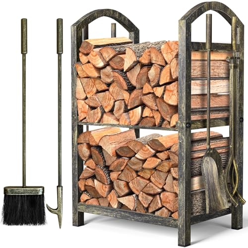 Amagabeli Kaminholzregal Innen Brennholzregal mit 4 Kaminwerkzeug 74x40x30cm Kaminholzständer für Innen und Außen Kaminholzhalter Holzregal für Kamin Kaminofen Besteck Schmiedeeisen Bronze