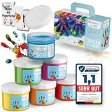 CreaTek - Fingerfarben Kinder ungiftig ab 2 Jahre [ inkl. lustiger Malvorlagen ] 100% sicher, vegan, geruchlos & auswaschbar - 6x leuchtende Grundfarben je 60ml - Fingermalfarben für Kinder ungiftig