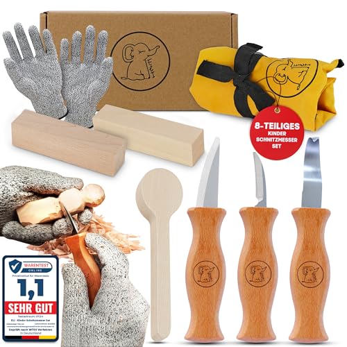 Eli® Schnitzmesser Kinder Set ab 6 Jahre - hochwertiges 8-teiliges Kindermesser Schnitzset inkl. schnittfeste Handschuhe und Schnitzholz - Lindenholz - Schnitzwerkzeug - Outdoor Messer - Taschenmesser