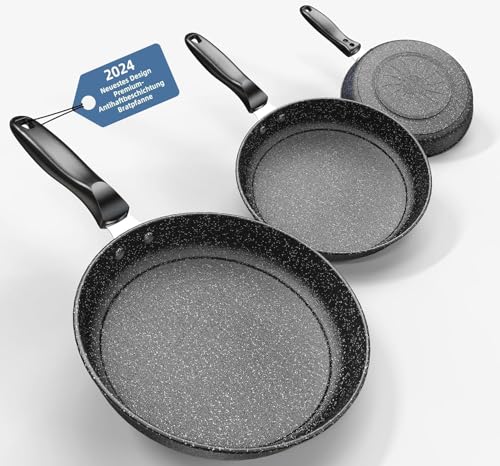 Pfannenset 3-teilig, 26cm+28cm+30cm Bratpfanne 3-teiliges Set zum Kochen, professionelle Bratpfannen mit Antihaftbeschichtung und kühl bleibendem Griff, PFAS-frei, spülmaschinenfest (HO4)