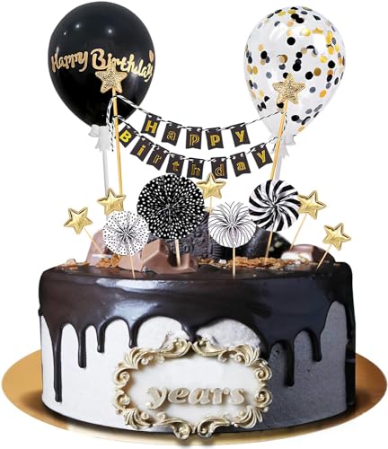 Moorle Tortendeko Schwarz Gold 12 Stück, Happy Birthday Kuchendeko, Kuchendeko Geburtstag Junge, Cake Topper Schwarz, Papierfächer Sterne Cupcake Tortenstecker für Geburtstag Dekoration Junge Mädchen