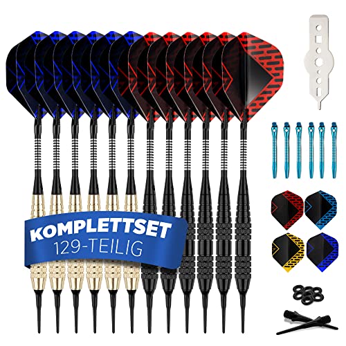 DartPro Dartpfeile mit Kunststoffspitze – 12 Dartpfeile für elektronische Dartscheibe [18g] – Softdarts Set [inkl. 6 Alu Dart Schaft + 21 Dart Flights]