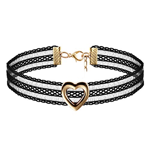 JewelryWe Schmuck Damen Choker Kette Kropfband Set schwarz mit Herz Anhänger Gold, Gothic Tattoo Stretch Samt Spitze Joker Halskette Halsband Lolita Sexy für Junge Frau und Mädel