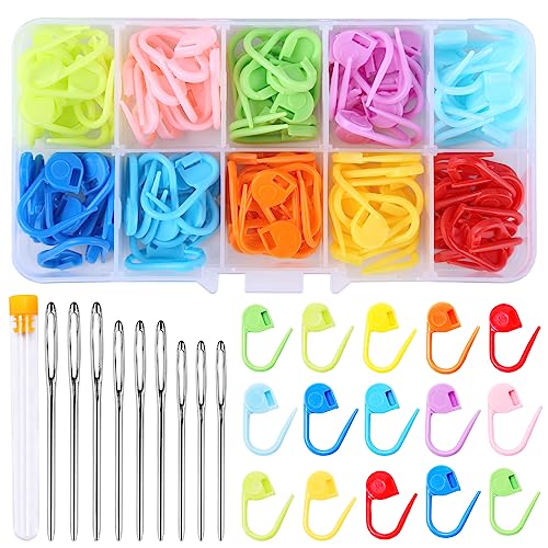 Doxiru 120 Stück Häkel-Maschenmarkierer, 10 Farben, Strickmarker, Häkelklammern, 9 Stück Nähnadeln mit großem Öhr, mit Aufbewahrungsbox für DIY Häkel-Bastelprojekte