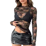 Damen Netzoberteil Damen Netzoberteil Spitzen Blumenstickerei, Sheer Mesh Bluse Transparentes Shirt Schwarz, Leichtes Durchsichtige T-Shirt Netz Top Clubwear Halloween Party