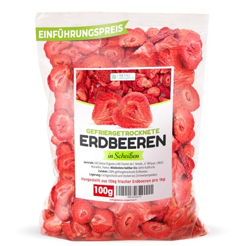 GEFRIERGETROCKNETE ERDBEEREN, 100g Früchte in Scheiben, 100% Trockenfrüchte - natürlich und ohne Zusatz von Zucker oder Zusatzstoffen, Höchste Qualität von Detox Organica
