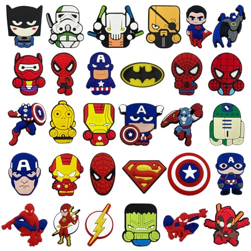 Superhero Shoe Charms 30 Pack Cartoon Shoe Decoration, Spiderman Anstecker Kinder, Removable PVC Shoe Decoration Accessories, for Kids and Adults Marvel Clog Shoe Decoration DIY Shoe Pin Bags Gift