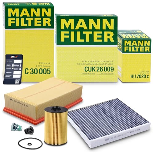 MANN-FILTER Inspektionspaket Filterset 1x Ölfilter, 1x Luftfilter, 1x Innenraumfilter (Aktivkohlefilter), 1x Ölablassschraube mit Dichtring, 1x Ölwechselanhänger,