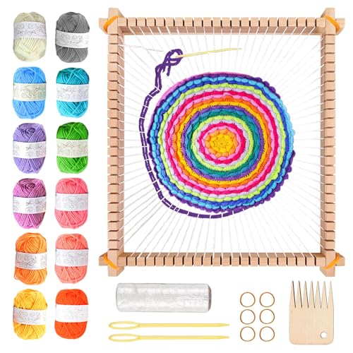 SUNOYA Holz Webrahmen, Webrahmen Erwachsene, Webrahmen Kinder, 28 X 25 cm, mit 12 Farben DIY Handgemachtes Garn, Nadel, Webkamm, Schiffchen, für Anfänger, zum Weben und Gestalten