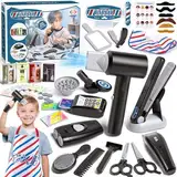 Tacobear Friseur Set Kinder Friseurkoffer Kit mit Haartrockner Elektrischer Rasierer Haarglätter Salon Haarstyling Zubehör Frisör Spielzeug Kinder Rollenspiel Geschenk für Jungen ab 3 4 5 6 7 8 Jahren