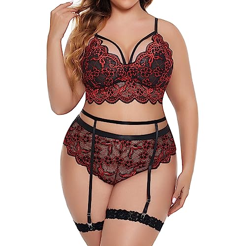 2024 – Übergrößen-Dessous-Set für Damen, florale Spitze, Jakobsmuschelbesatz, Strumpfband, Dessous-Set, hohe Taille, Spitzen-BH, Höschen, Slip-Set, Slip, extra langes Bein, wein, 38