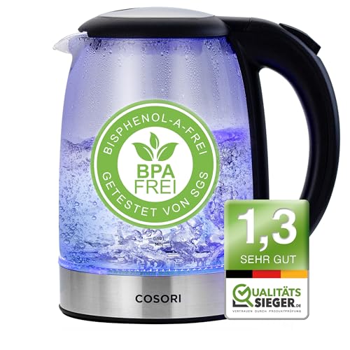 COSORI Wasserkocher Glas mit Upgrade Edelstahl Filter und Innendeckel, BPA Frei, 1,7 Liter, Kettle mit blau LED, Trockenaufschutz, 2200 Watt, Schnelles Aufheizen