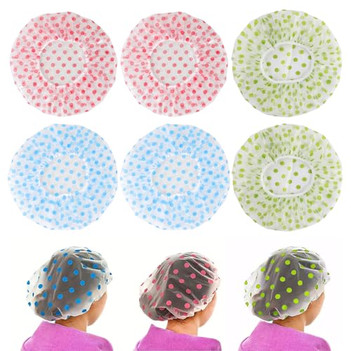 YPYMOD Duschhaube, 6 Stück Wasserdichte Duschhauben Damen, Große Elastische Shower Cap, Wiederverwendbare Duschkappe für Mädchen Frauen Kosmetik Zuhause Hotel Reisen(Blau, Rot, Grün)