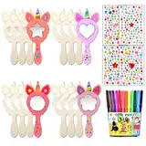 ShnminEU 16 Stück Einhorn Spiegel Holz Basteln Kindergeburtstag Holzspiegel Zum Bemalen Kinder DIY Handwerk Kinderspiegel Prinzessin Mini Handspiegel mit Griff für Mädchen Bastelset