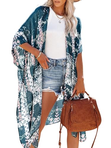 breezy lane Damen Kimono Bikini Cover Up Strickjacke Sommer Blumenmuster Strandkleid Lässige Badebekleidung Cardigan für den Urlaub