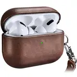 Ledertasche Hülle für AirPods Pro, ICARERSPACE Premium Echtleder Stoßfeste Schutzhülle für Apple AirPods Pro Ohrhörer Ladehülle (LED sichtbar) Unterstützt kabelloses Ladegerät BRAUN