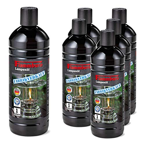 FLAMMBURO (6 Liter) Lampenöl 1000 ml Flaschen für Öllampen vom deutschen Hersteller, Petroleumlampen, Fackeln, Gartenfackeln, Ölkerzen, Lampenöl für Fackeln Made in Germany - 6 x 1 Liter = 6 Liter