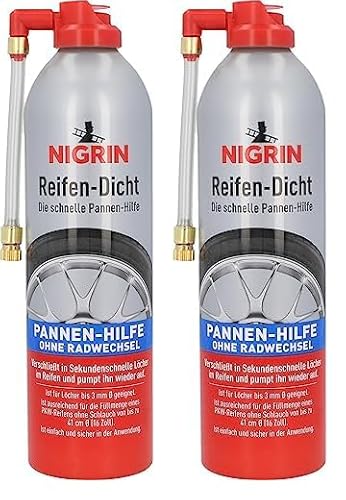 NIGRIN Reifendicht, 500 ml, sofortige Pannenhilfe, Reifendichtmittel repariert Löcher im Reifen im Handumdrehen ohne Montage, Rot,Weiß (Packung mit 2)