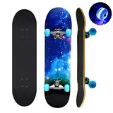 Komplettes Skateboard, 78,7 x 20,3 cm, 9 Schichten kanadisches Ahornholz, Deck-Skateboard mit bunten blinkenden Rädern für Kinder, Jugendliche und Erwachsene (Blau)