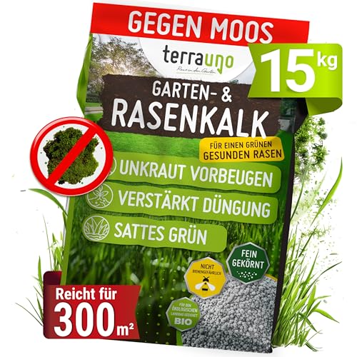 TerraUno Rasenkalk Frühjahr gegen Moos & Unkraut, Moosfreier Rasen in 14 Tagen, verstärkt Rasendüngung, 15 kg für 300 m², Extra feines Gartenkalk, Für den Streuwagen, Tierfreundlich