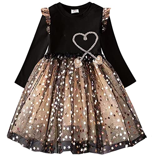 DXTON Mädchen Kleid Einhorn Gedruckt Prinzessin Freizeit Knielang Langarm Kleid Winter SchwarzLh4866 4T