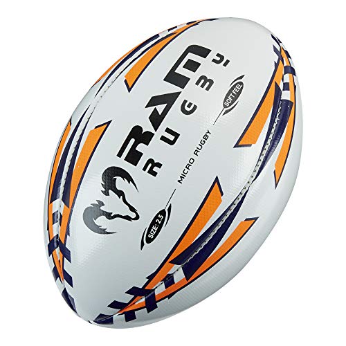 Ram Rugby Ball Rugbyball, Micro-Softfeel Größe 2,5 – perfekter Starterball, geeignet für Kinder im Alter von 2–5 Jahren, Marineblau / Fluoro Orange