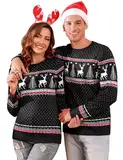 Aottori Weihnachten Pullover Damen Weihnachtspullover Familie Set Rentiermuster Christmas Reindeer Strickpullover Unisex Christmas Sweater Damen-Schwarz S