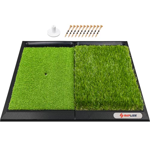 SAPLIZE Golfschlagmatte mit Ballablage, schwere Gummibasis, Fairway und rauer Rasen (Golf-Tees und Gummi-Tee-Halter im Lieferumfang enthalten), tragbare Golf-Übungsmatte für drinnen und draußen, 63,5