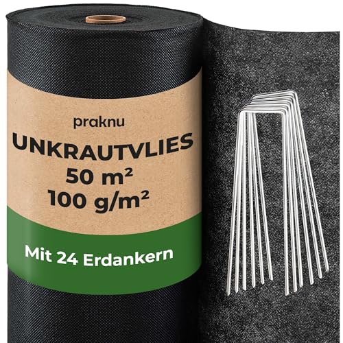 Praknu Unkrautvlies 100g/m2 ????? ????? - 50m2 - Unkrautfolie mit 24 Erdanker - Wasserdurchlässig & Reißfestes - UV Stabil