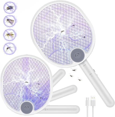 WOCVRYY 3 in 1 Elektrische Fliegenklatsche Automatische Fliegenklatsche 4000V USB wiederaufladbare UV-hängende Insektenvernichter mit Sicherheitsnetz,geeignet für den Innen- und Außenbereich