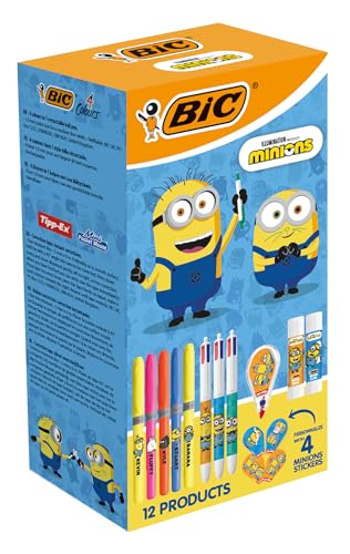 BIC Minions Schreibwaren-Set, limitierte Edition, 4 Farben, Kugelschreiber, mittlere Spitze (1,0 mm)/Textmarker, abgeschrägte Spitze, Korrekturmaus, 6 m, Klebestifte/Aufkleber – Box mit 12 Stück