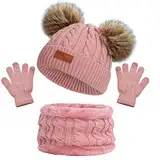 beifon Kinder Wintermütze Schal Handschuhe Mädchen Set Kindermütze Strickmütze Kinder Mütze Schal Set Mütze Jungen Warme Winter Beanie Hut Handschuhe runder Schal Set für Kinder 3-8 Jahre