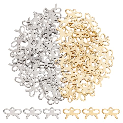 UNICRAFTALE 100 Stück 2 Farben Schleifenanhänger Edelstahl Fliege Anhänger Mini Schleifen Anhänger Schmuckzubehör Mit Schlaufen Für DIY Ohrringe Armbänder Schmuckherstellung Valentinstagsgeschenk