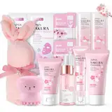 Shefave Sakura Gesichtspflege Set Damen, Skincare Set mit Reiniger, Serum, Creme, Augenserum, Gesichtsbürste, Handtuch, Schlafmaske, Skin Care Adventskalender, Beauty Set Teenager Mädchen