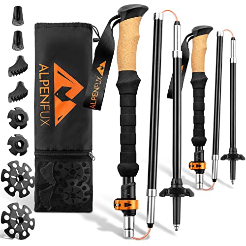 ALPENFUX® Premium Wanderstöcke faltbar, Trekkingstöcke, Nordic Walking Stöcke, leicht und verstellbar mit Klemmverschluss und Korkgriff für Damen und Herren, schwarz, orange