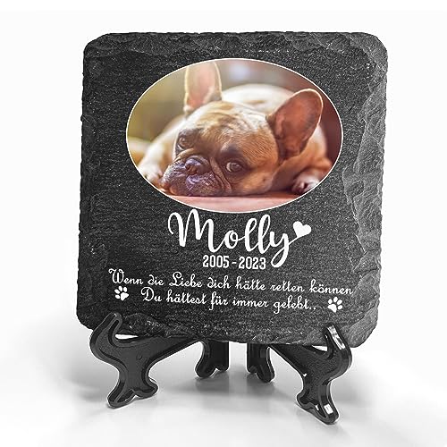 TULLUN Individueller Personalisiert Tiergrabstein Schiefer Gedenkstein + Ständer für Hund, Katze und andere Haustiere - Größe 10 x 10 cm - Ovales Foto